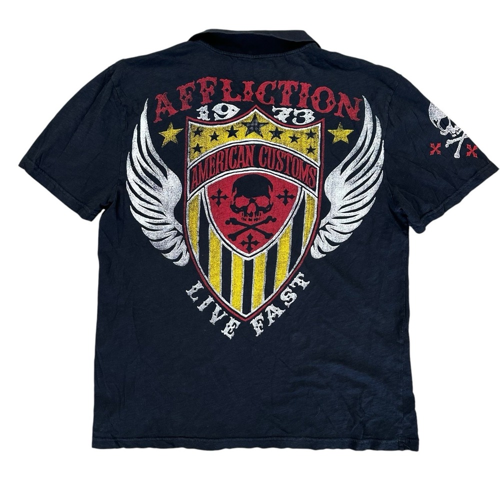 Affliction Men's‎ XL Polo Shirt Short Sleeve Biker Skull Shield Crest Black